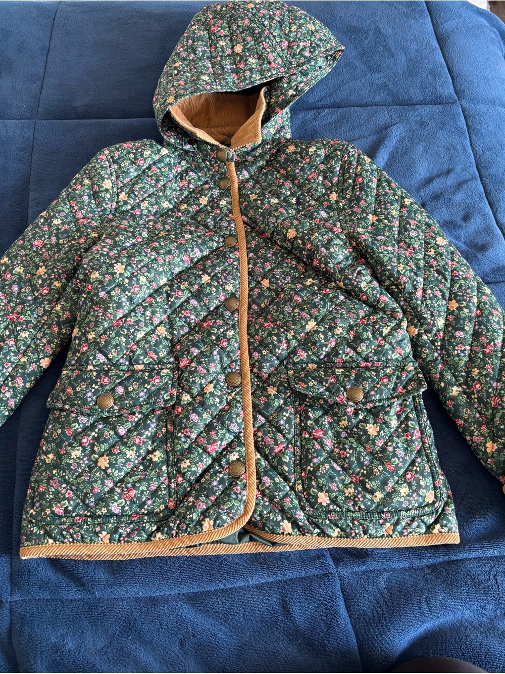 Polo by Ralph Lauren Green Floral Quilted Hooded Jacket with Tan Trim
